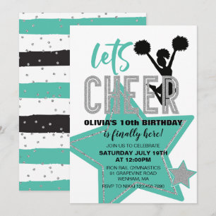 Invitation Pom-pom turquoise Argent Noir Anniversaire de pom-