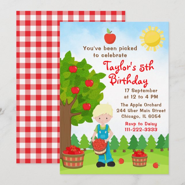 Invitation Pomme cueillette Anniversaire Blonde Cheveux Boy I (Devant / Derrière)