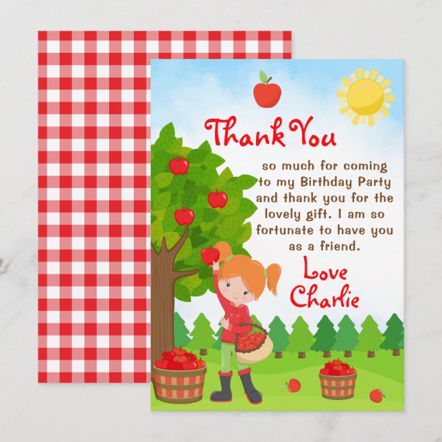 Invitation Pomme cueillir Red Hair Girl Anniversaire Merci In (Devant / Derrière)
