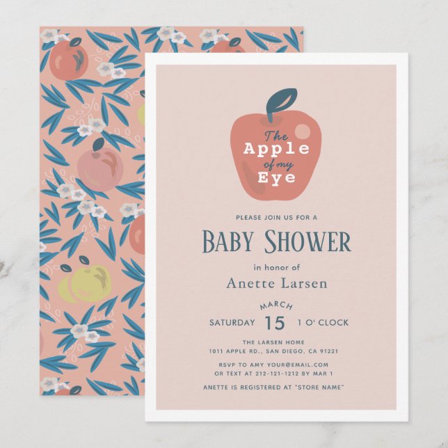 Invitation Pomme de mon Baby shower de fille rose de l'oeil (Devant / Derrière)