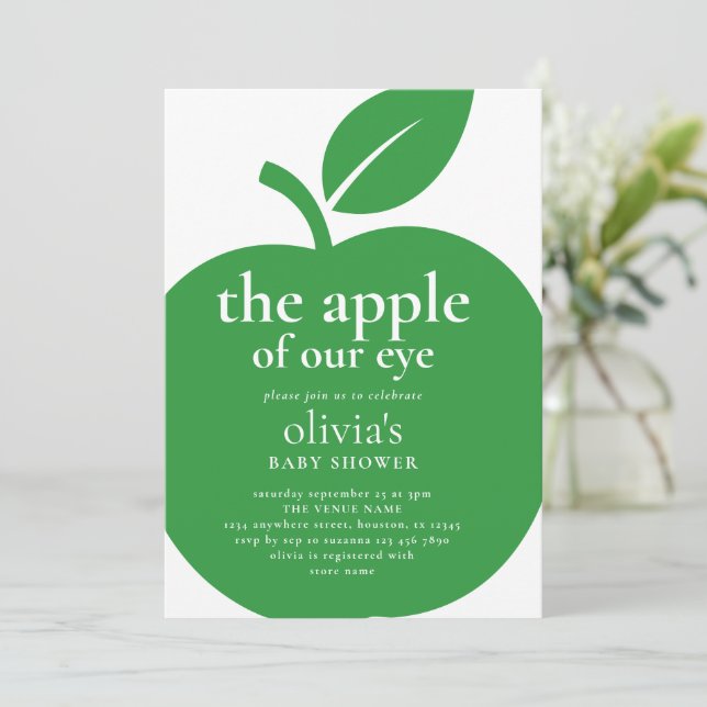 Invitation Pomme de notre Baby shower vert oeil (Debout devant)