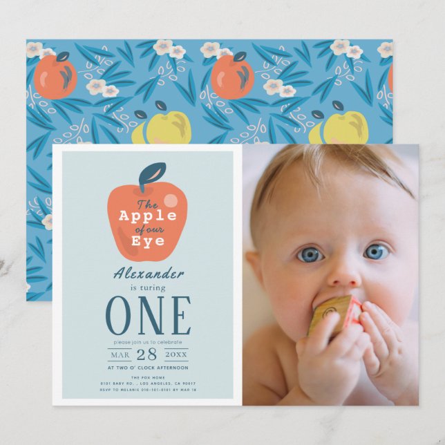 Invitation Pomme de notre Garçon bleu oeil Photo 1er annivers (Devant / Derrière)