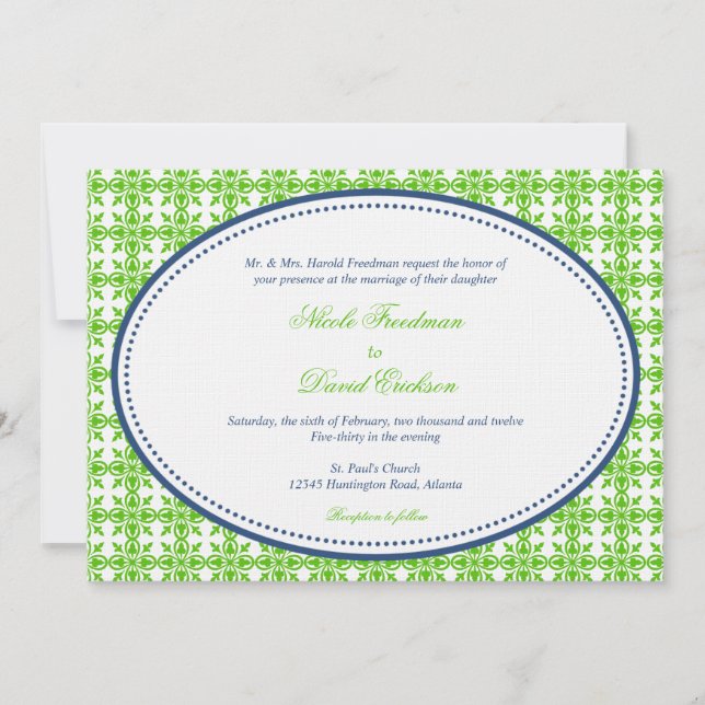 Invitation Pomme vert marine ovale perlé preppy personnalisat (Devant)