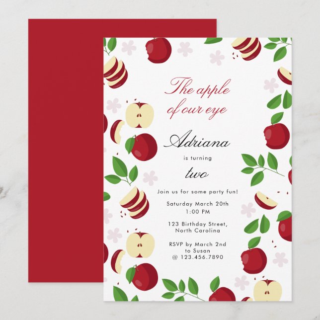 Invitation Pommes rouges Pomme de nos yeux fête d'anniversair (Devant / Derrière)