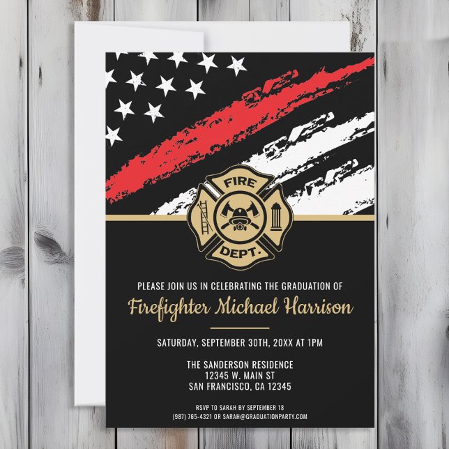 Invitation Pompier Diplôme de la Ligne Rouge Flag Flaman (Perfect invitation to invite guests to celebrate the new fire academy graduate in fire fighting!)