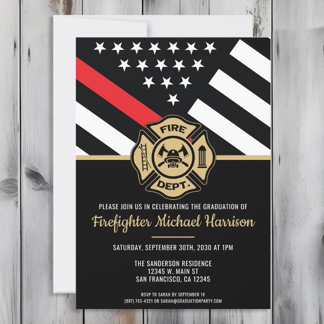 Invitation Pompier Pompier Académie Drapeau Fireman Graduatio (Perfect invitation to invite guests to celebrate the new fire academy graduate in fire fighting!)