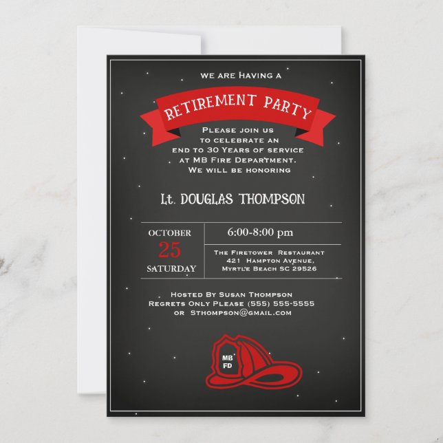 Invitation Pompier Red Black Retraite Party (Devant)