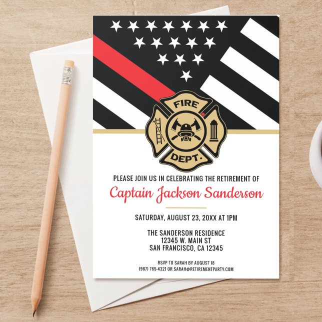Invitation Pompier Retraite Ligne Rouge Flag Flaman (A perfect invitation for a retiring firefighter, captain, lieutenant, chief, etc! )