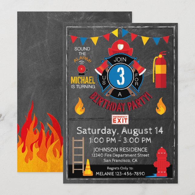 Invitation Pompiers Porte et insigne Anniversaire (Devant / Derrière)