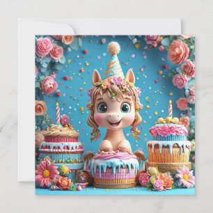 Invitation Poney de dessin animé adorable célébrant un annive