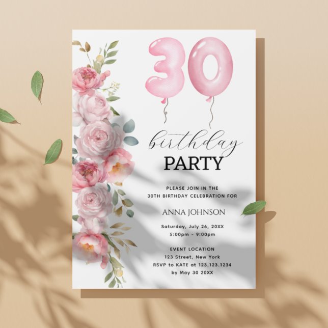 Invitation Pony rose Floral Balloon 30e fête d'anniversaire (Créateur téléchargé)