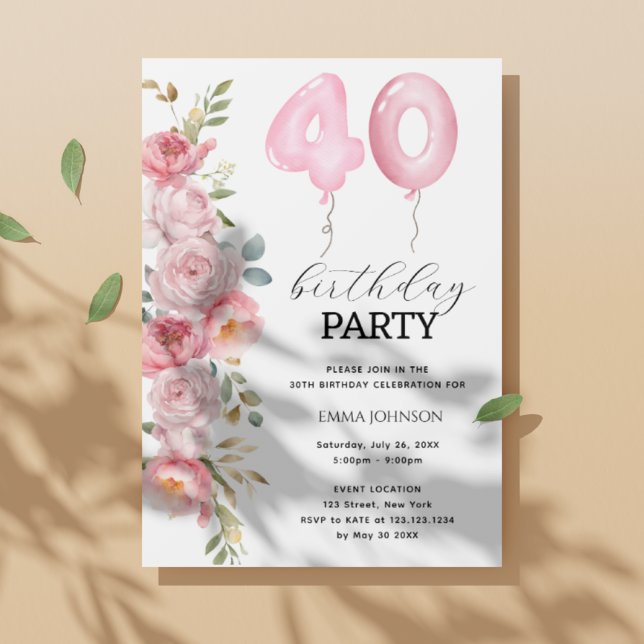 Invitation Pony rose Floral Balloon 40e fête d'anniversaire (Créateur téléchargé)