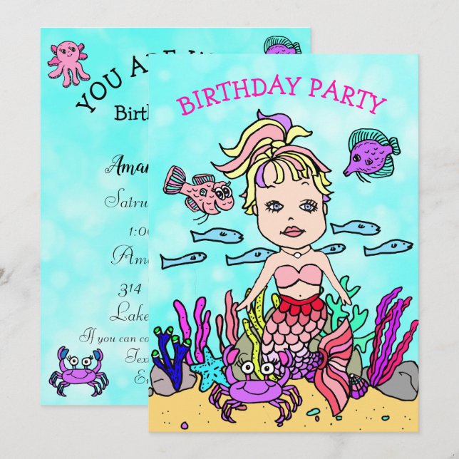 Invitation Ponytail Sirène sous la mer fête d'anniversaire (Devant / Derrière)
