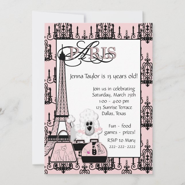 Invitation Poodle rose Noir Paris Filles Anniversaire (Devant)