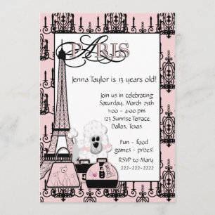 Invitation Poodle rose Noir Paris Filles Anniversaire