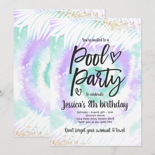 Invitation Pool Party Anniversaire Purple Tie Tee Pool Party (Devant / Derrière)