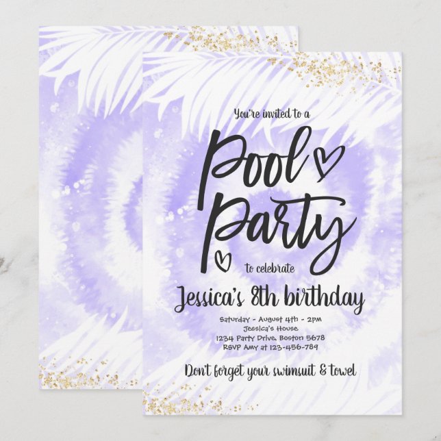 Invitation Pool Party Anniversaire Purple Tie Tee Pool Party (Devant / Derrière)