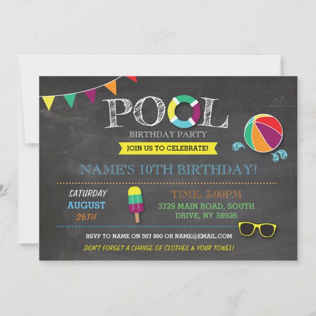 Invitation Pool Party Boys or Girls Birthday Beach Sun Invita (Devant)