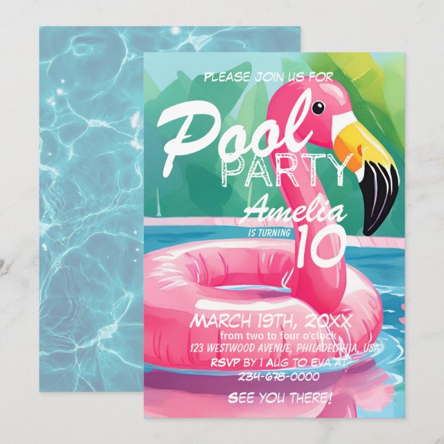 Invitation Pool Party Flamant rose fille 10e anniversaire (Devant / Derrière)
