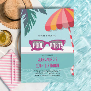Invitation Pool Party moderne Tropical Leaf mignon Ado Annive