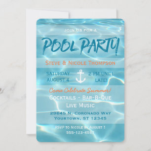 Invitation Pool Party Nautique Eté Aqua Orange et blanc