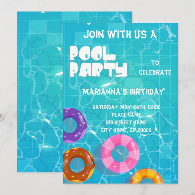 Invitation Pool Party N'importe quel âge Anniversaire (Devant / Derrière)