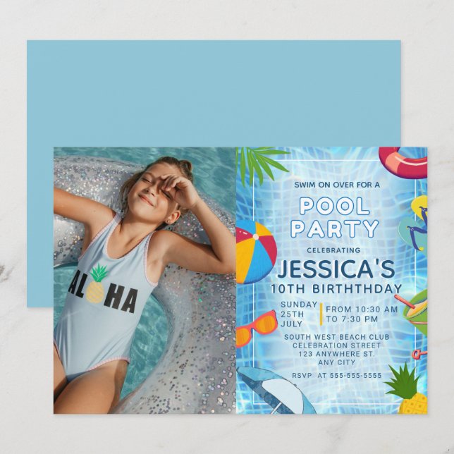 Invitation Pool Party Photo Splish Splash Pool Anniversaire (Devant / Derrière)