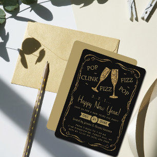 Invitation Pop, Clink, Fizz, Soirée du Nouvel An Or