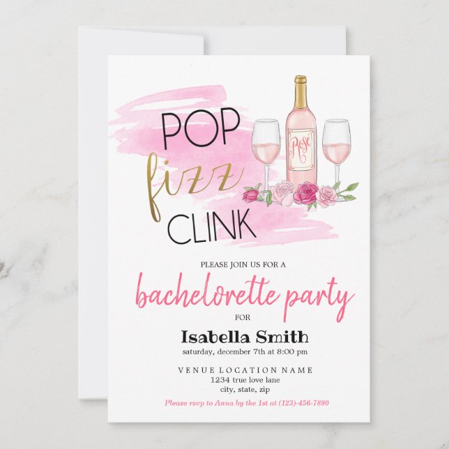 Invitation POP. FIZZ. CLINK. Bachelorette (Devant)