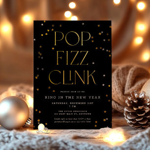 Invitation Pop Fizz Clink Black Gold Confetti Nouvel An