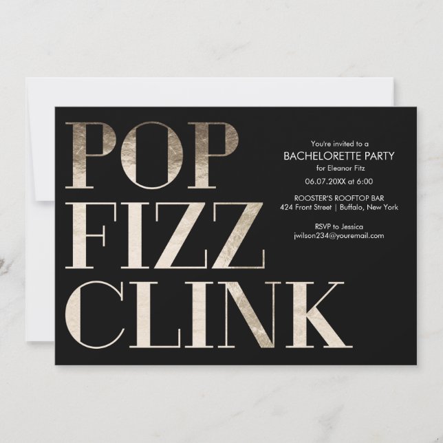 Invitation Pop Fizz Clink Gold Bacheloro Party Faux Foil (Devant)