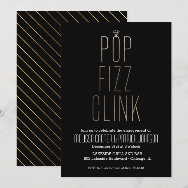 Invitation Pop Fizz Clink Partie d'engagement à Faux Foil (Devant / Derrière)