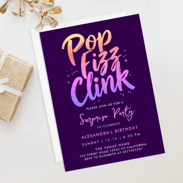 Invitation Pop Fizz Clink Violet Et Rose Écriture Calligraphi (Créateur téléchargé)