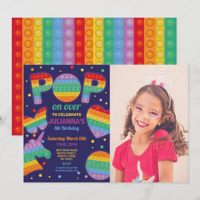 Invitation Pop it Party Fidget Anniversaire Photo Marine (Devant / Derrière)