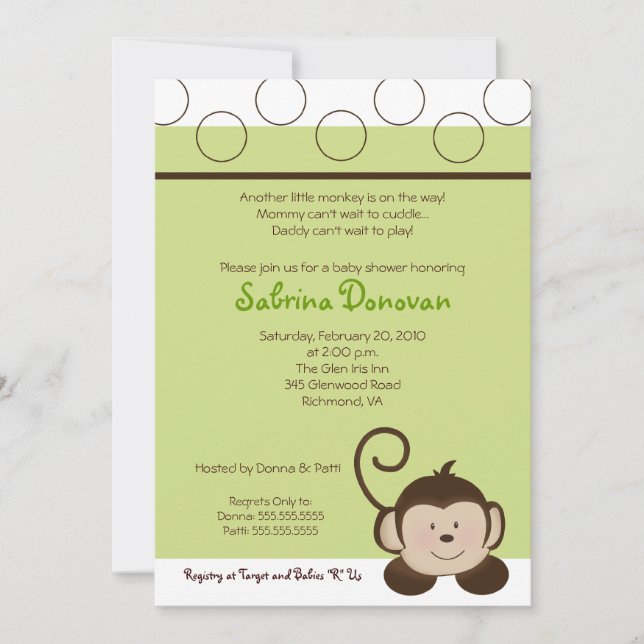 Invitation POP MONKEY 5x7 BABY SHOWER vert neutre (Devant)