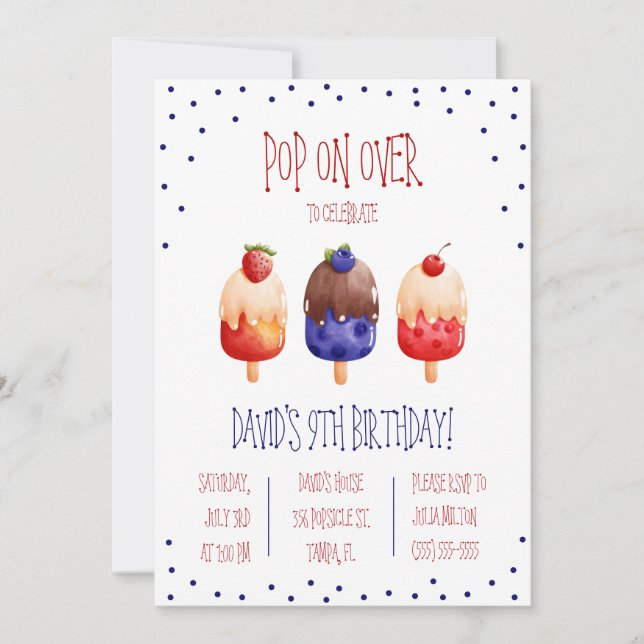 Invitation Pop on Over ! Popsicle à thème fête d'anniversaire (Devant)