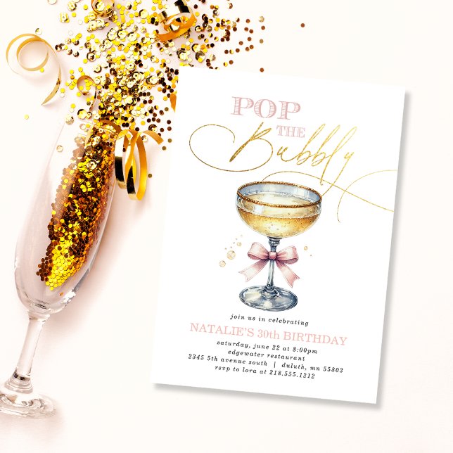 Invitation Pop the Bubbly Champagne Pink Bow Anniversaire (Pop the Bubbly Champagne Pink Bow Birthday Invitation)