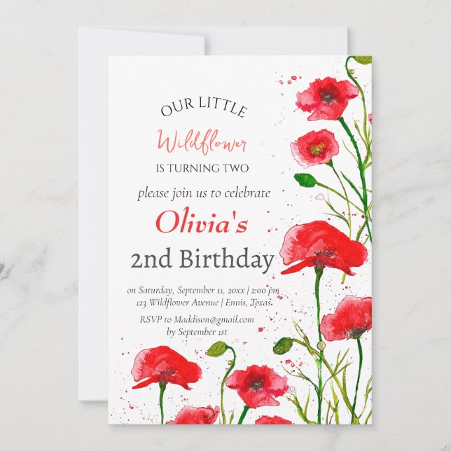 Invitation Poppies 2e Fille d'anniversaire Fille Rouge Floral (Devant)
