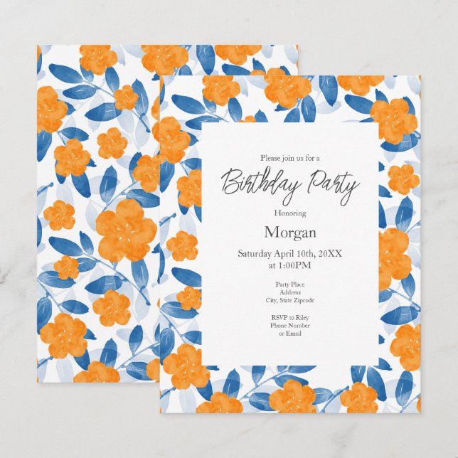 Invitation Poppies d'aquarelle et Motif Feuille (Devant / Derrière)