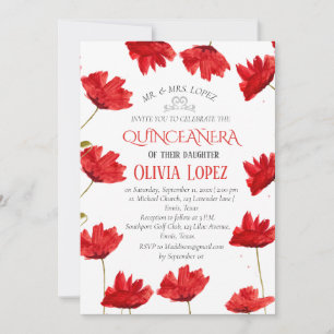 Invitation Poppies modernes Quinceañera Rouge Floral Annivers