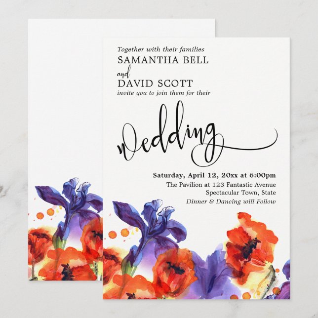 Invitation Poppies rouges, Iris pourpre Aquarelle Mariage mod (Devant / Derrière)
