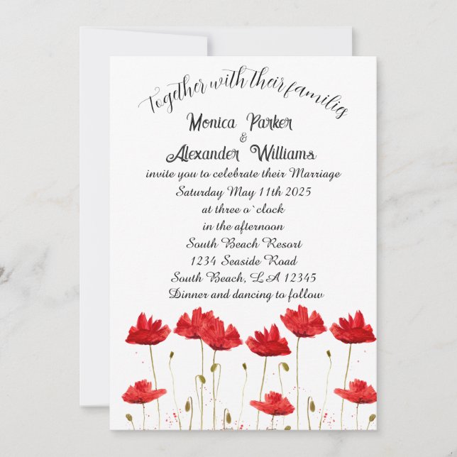 Invitation Poppies rouges Poppy Élégant Floral Minimal Mariag (Devant)