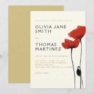 Invitation Poppies rouges sauvages Gold Ecru Rustique Elégant
