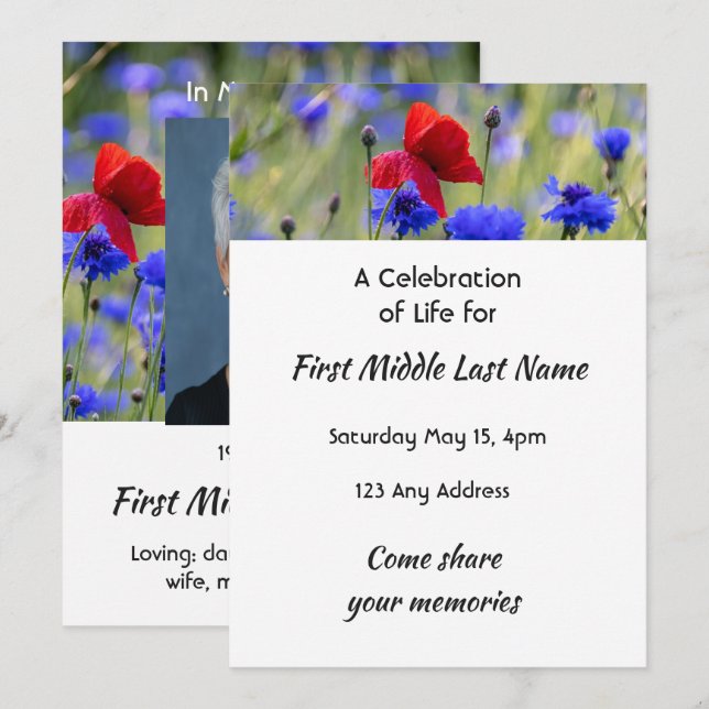Invitation Poppy Cornflower Meadow  Memorial Pocket Keepsake (Devant / Derrière)
