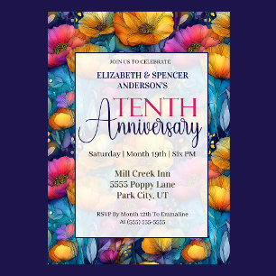 Invitation Poppy Vibrant Coloré 10e Anniversaire de Mariage