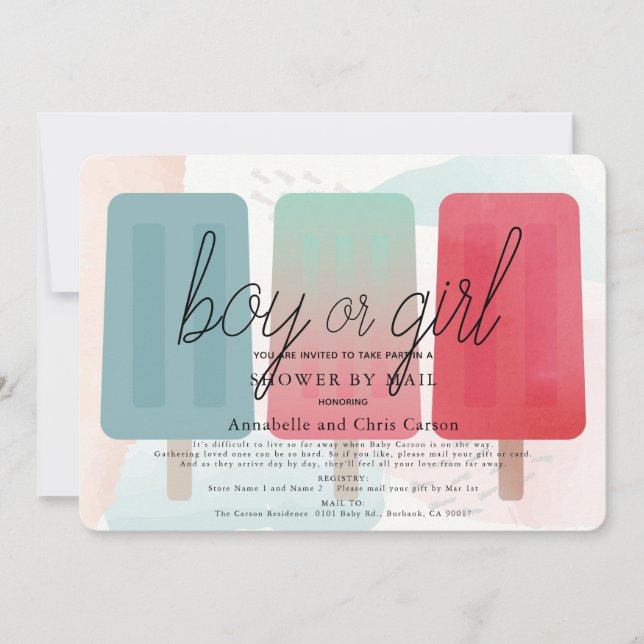 Invitation Popsicle Genre Reveval Baby shower par courrier (Devant)