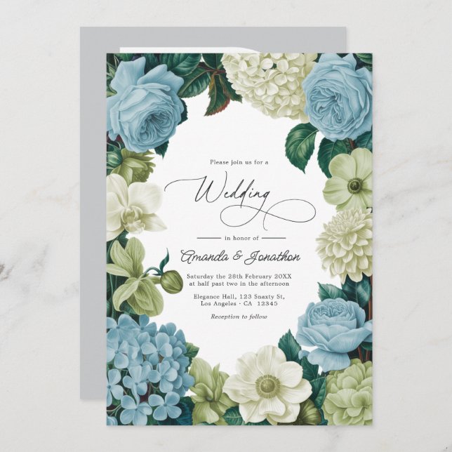 Invitation Porcelain Blue, Soft Sage & Ivory Wedding (Devant / Derrière)