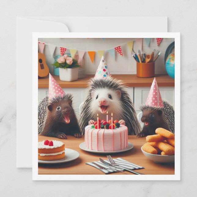 Invitation Porcupines excités célébrant l'anniversaire avec d (Devant)