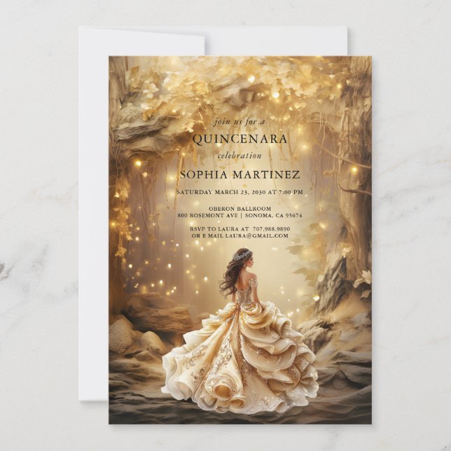 Invitation Portail des forêts d'or enchantées de Quinceanera (Devant)