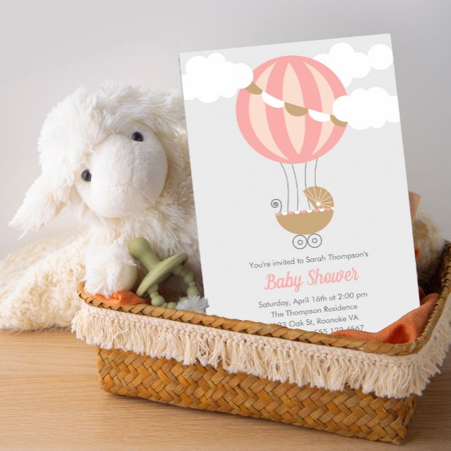 Invitation Porte bébé Baby shower de fille à ballons (Créateur téléchargé)